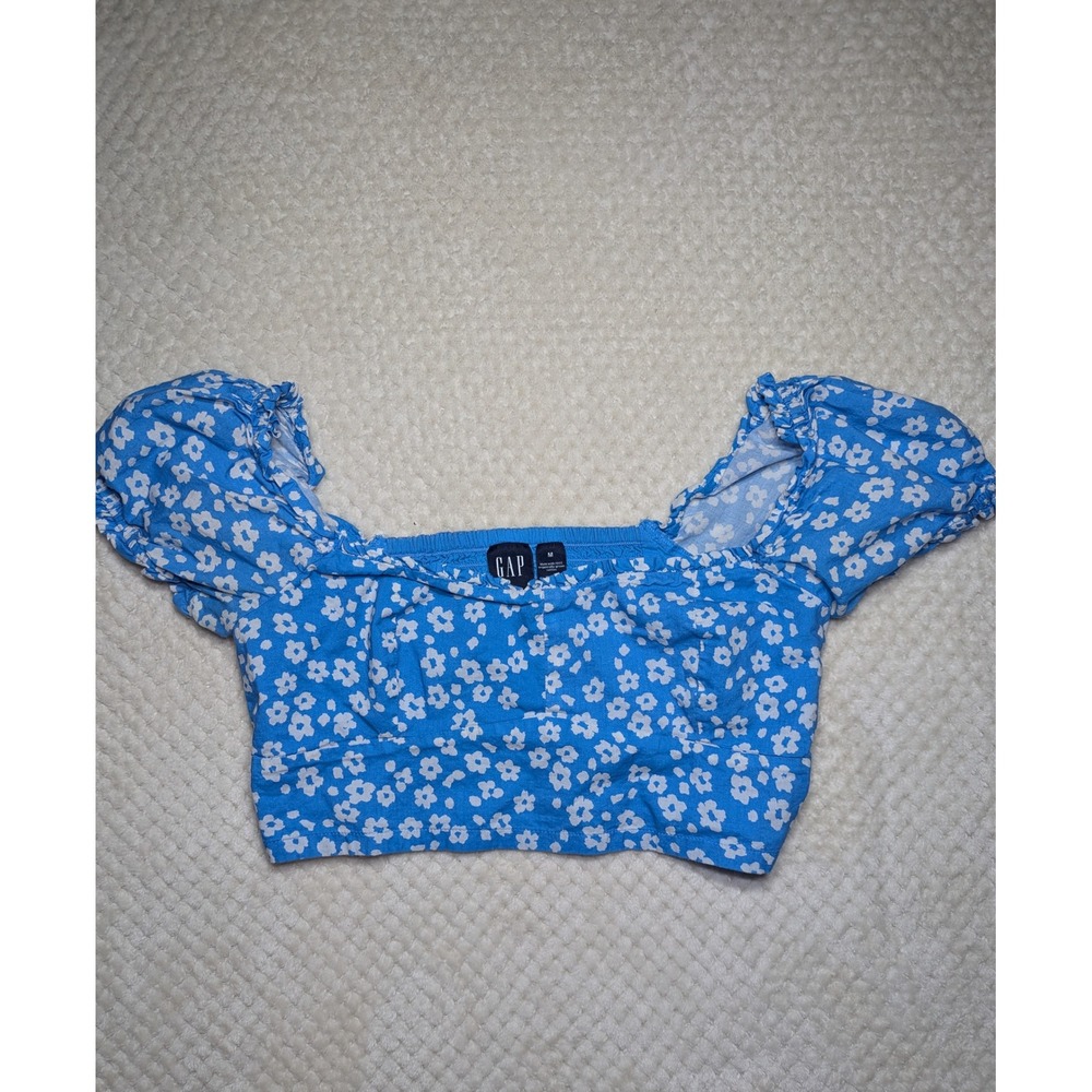 GAP Blue Floral Puff Sleeve Crop Top Smocked Back Size M